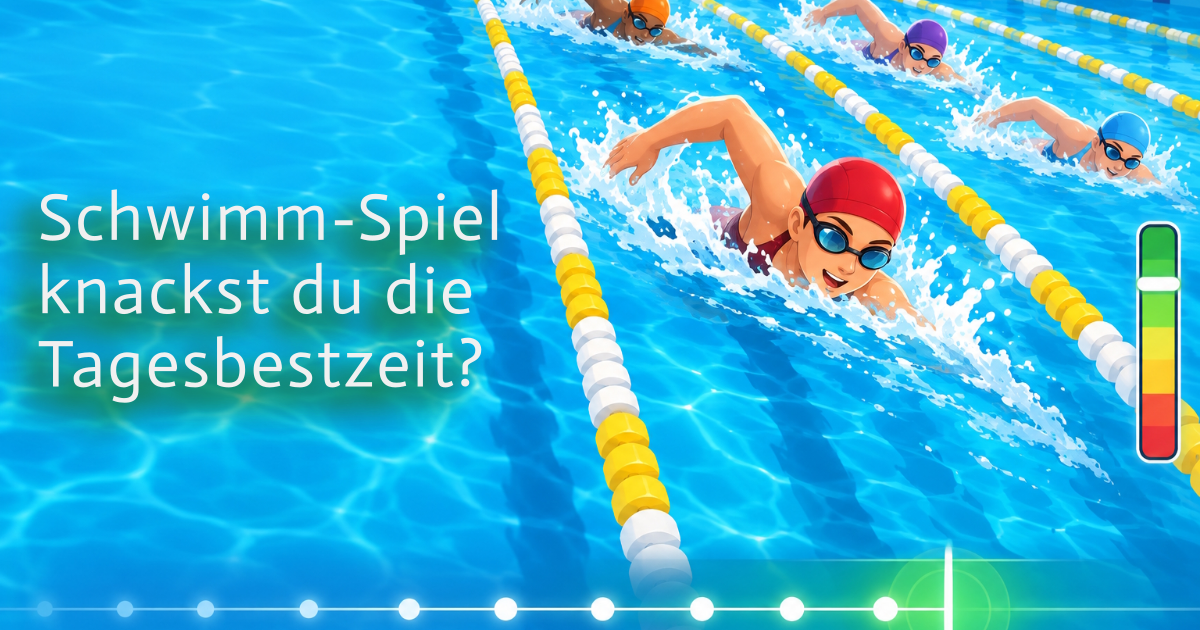 Stilisierte Schwimmerin mit roter Kappe krault im Becken, neben ihr Rhythmus-Punkte und eine grüne Zielzone